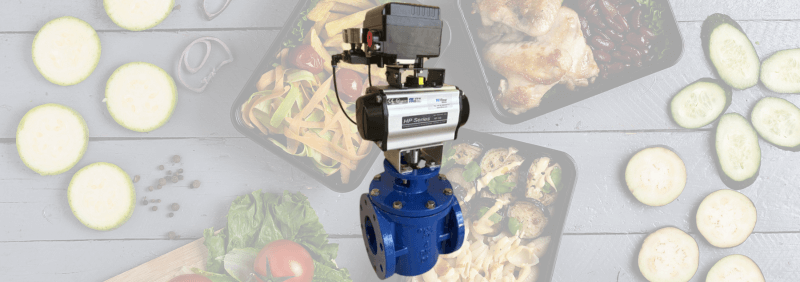 Actuated eccentric plug valve on ready meal background.