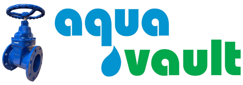 Aquavault logo and handwheel operated gate valve.