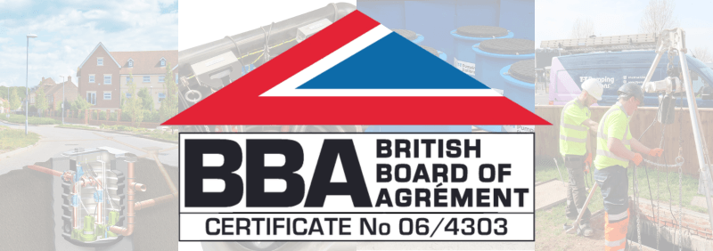 British Board of Agrément logo and pumping station photo collage.