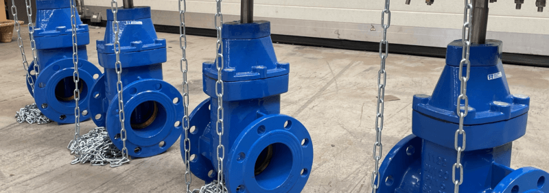 Aquavault metal seat gate valves in blue.
