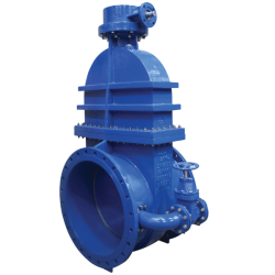 Ductile iron metal seat gate valve with bypass and gearbox actuation.