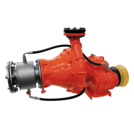 Bright orange chopper pump from Cri-Man with mounted gearbox for PTO coupling.