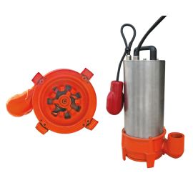 Silver submersible chopper pump with orange base and outlet.
