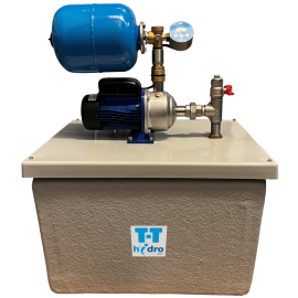 HiDro Break package pump station, including a blue WRAS approved centrifugal pump and pressure switch, stainless steel pipework and insulated tank with the T-T logo.