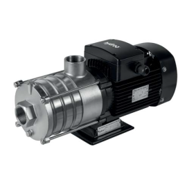 Black HX multistage centrifugal pump with silver stainless steel outlet.