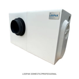 Loopak Professional Pro macerator pump, a white unit with a grey outlet on the front and black pipe fitting on the side.