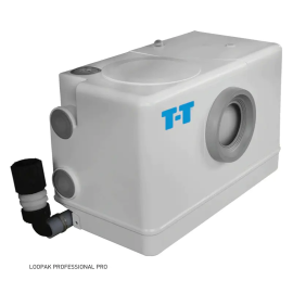 Loopak Professional Pro macerator pump, a white unit with a grey outlet on the front and black pipe fitting on the side.