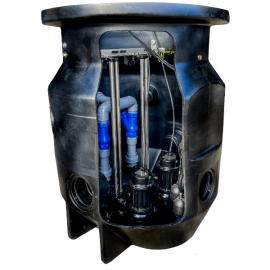 Mercury Plus package pumping station cutaway showing non-return valves, pipework and dual submersible pump configuration.