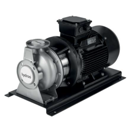 Horizontal centrifugal pump with black body and stainless steel silver inlet and outlet showing Hydroo logo.