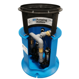 A blue and black Pluto package pumping station, with a cross section showing pipework and a T-T Pumping Stations logo inside. White background.
