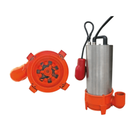 Silver submersible chopper pump with orange base and outlet.