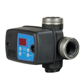 SAER Ptronic electric pressure switch, a black pressure control unit with a small digital screen to display current pressure and user friendly interface for easy setting configuration.