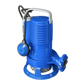 A bright blue submersible sewage pump from Zenit with a blue float switch attached.