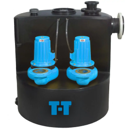 A dual pump Trojan Vortex Large above ground package pumping station, consisting of a black body and two blue pumps.