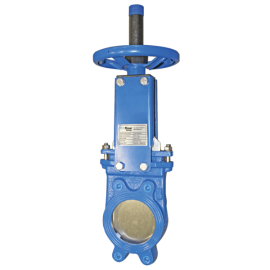 Uni-directional knife gate valve with rising spindle and handwheel.