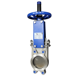 Stainless steel knife gate valve with rising spindle and handwheel operation.