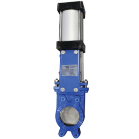 Uni-directional knife gate valve with pneumatic cylinder.