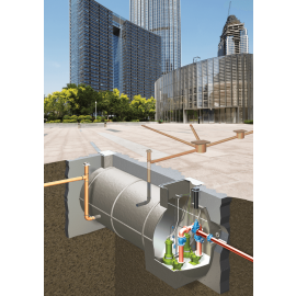 An illustration showing an XL Planet Range package pumping station installed underground. The top half of the image shows an urban area with four large buildings with lots of windows.