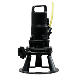 A black GRF ATEX submersible sewage pump from Zenit, with a yellow pipe attached to the back.