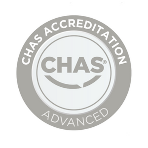 A grey logo for CHAS, the Contractors Health and Safety Assessment Scheme.
