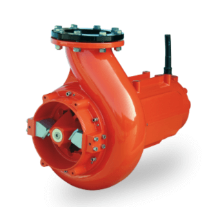 Orange Cri-Man chopper pump for handling sewage and fibrous materials.