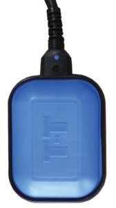 A blue float switch with black trim depicting the T-T logo.