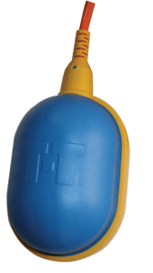 A blue float switch with yellow trim depicting the T-T logo.