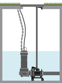 An illustration of a Zenit Grey Series DGG submersible electric pump featuring bottom coupler DAC-H installation.