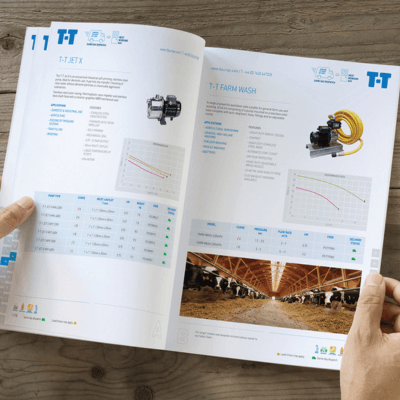 An open T-T Pumps catalogue showing T-T Agricultural & Environmental products.