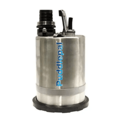 Silver cylindrical pump, with black handle and base.