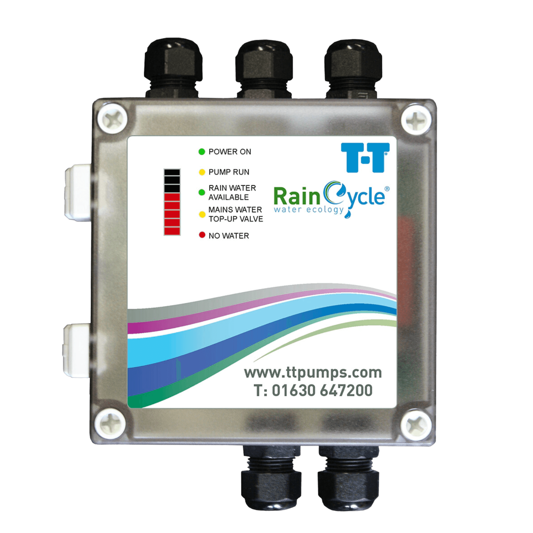 Photo of a grey control panel displaying the T-T and RainCycle Water Ecology logos and T-T contact details. Lights, some lit red, are situated left of a list of variables. Pump on, pump run, rain water available, mains water top-up, no water.