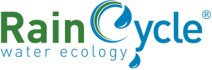 A green and blue logo displaying the text RainCycle, Water Ecology.