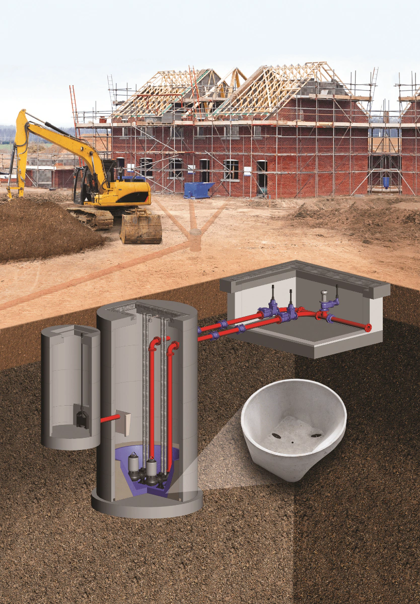 A diagram of the T-T Ready Sump. The top half of the image shows a housing estate under construction, the bottom half shows a cross section of an adoptable pumping station chamber below the ground, with the concrete sump highlighted.
