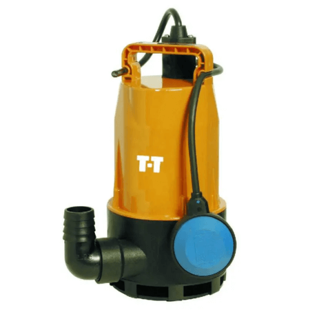 Photo of a yellow T-T Sump sump pump and blue float switch.