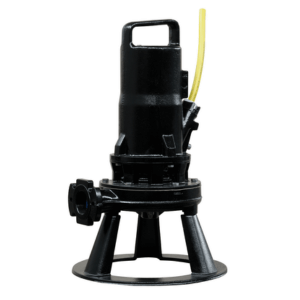 A black Zenit GRF sewage pump with a yellow tube attached to the back.