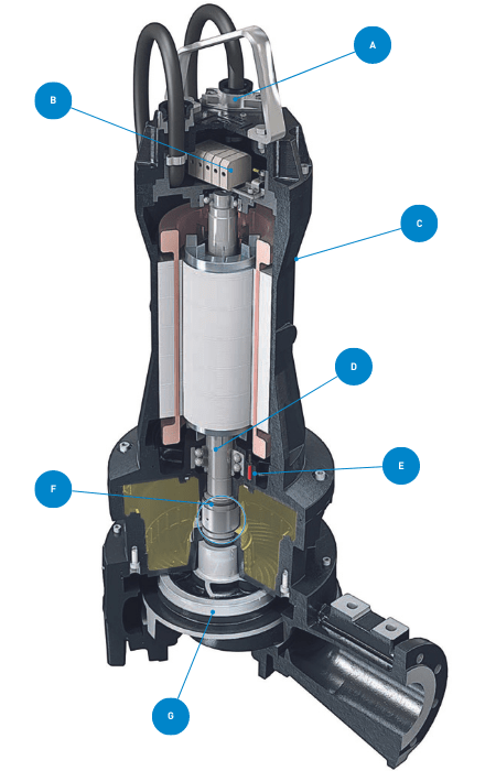 3D illustration of the cross section of a Zenit Grey Series electric submersible pump, showing features such as the oil chamber and anti-clogging system.