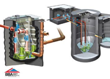 Two illustrations of T-T below ground pumping stations,an adoptable pump station and below ground package pumping station.