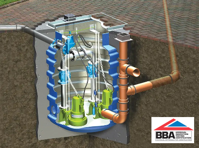An illustration of a cross-section of a T-T Planet Range private package pumping station in the ground.